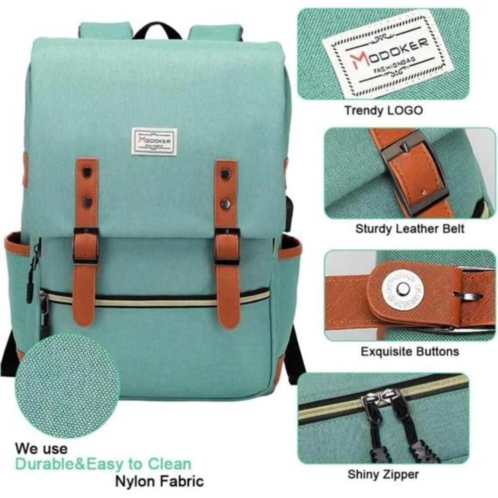 NEW Ronyes Vintage Laptop Backpack w/ USB Charging Port – Mint Green - Picture 2 of 8